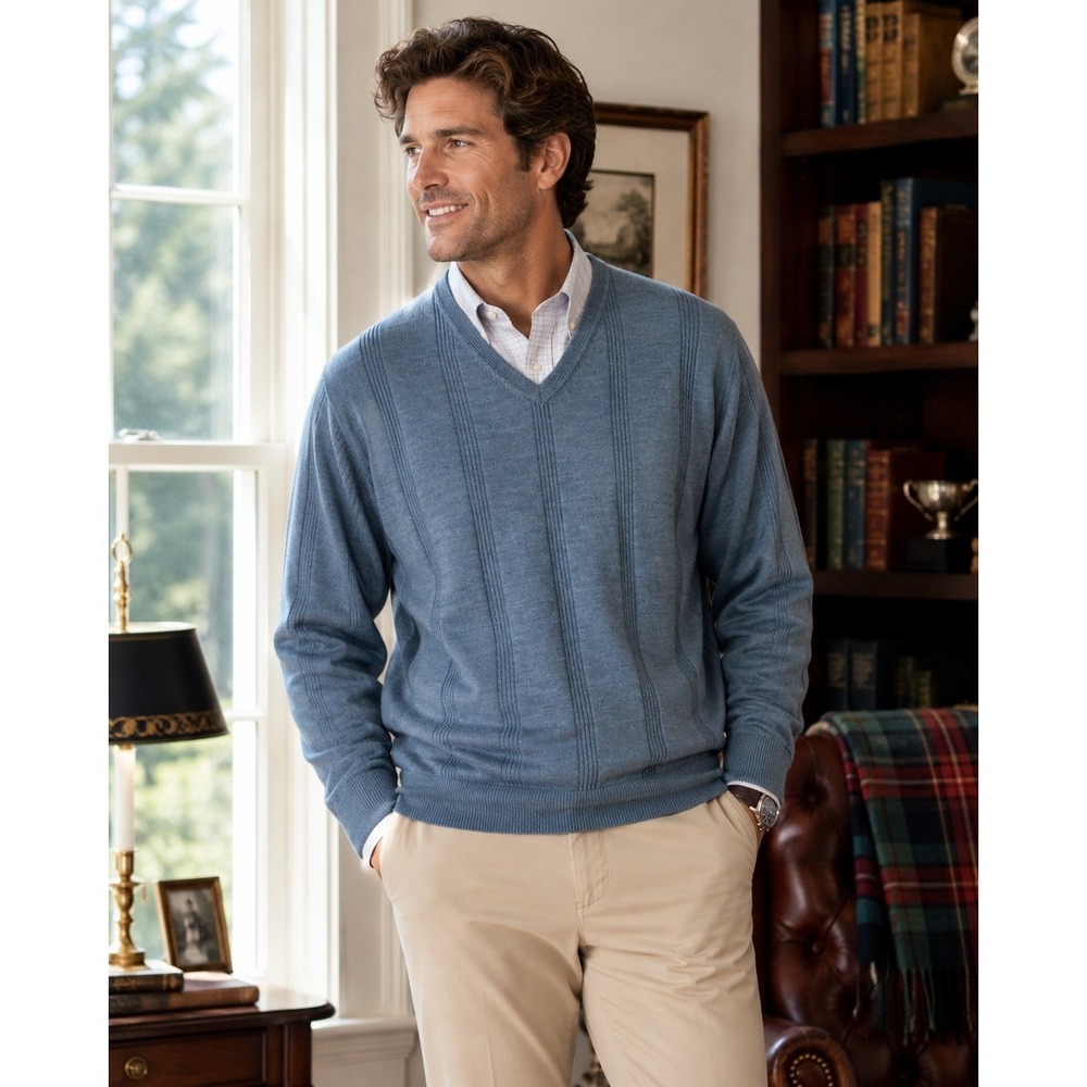 Alfani Ribbed Knit V-Neck Merino Wool Sweater Men XL Blue Preppy 90s Grandpacore